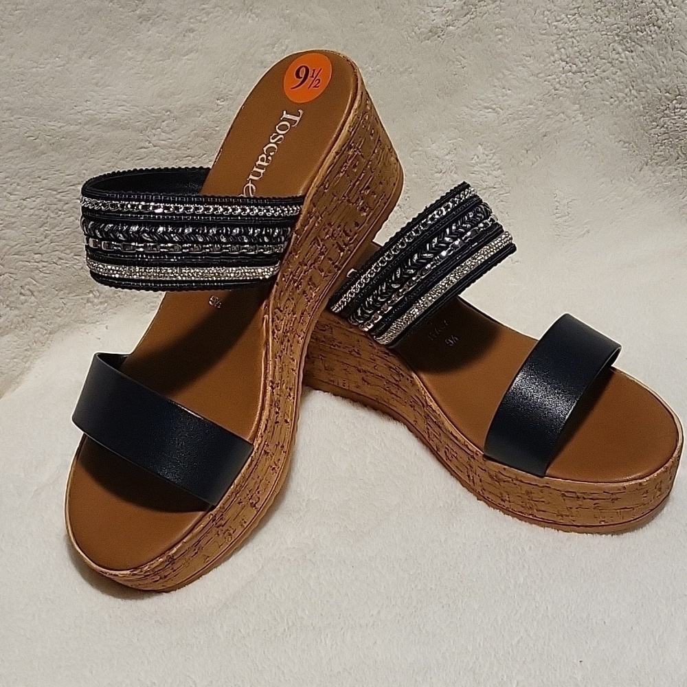 Toscanella Blue Gracelin Cork 2.75" Wedge Rhinestone Made In Italy Sandal Sz 9.5